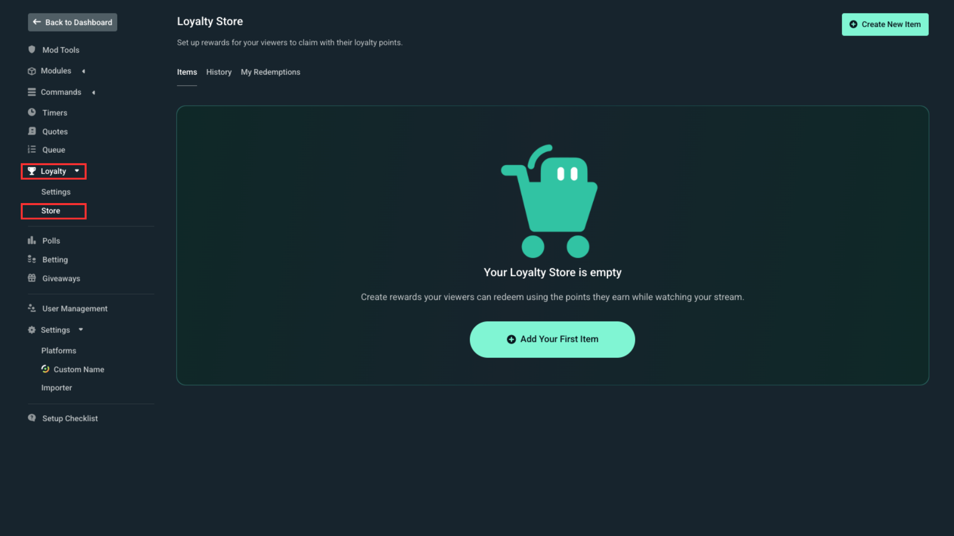 Loyalty Store section within Cloudbot settings
